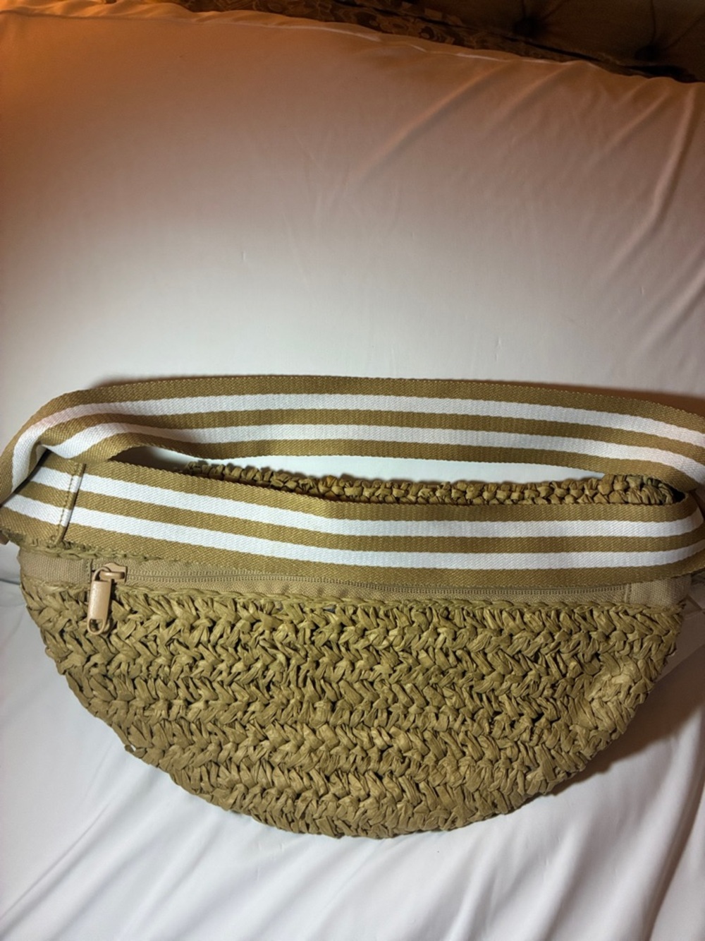 Woven Straw Crossbody Bag in Tan with Striped Strap